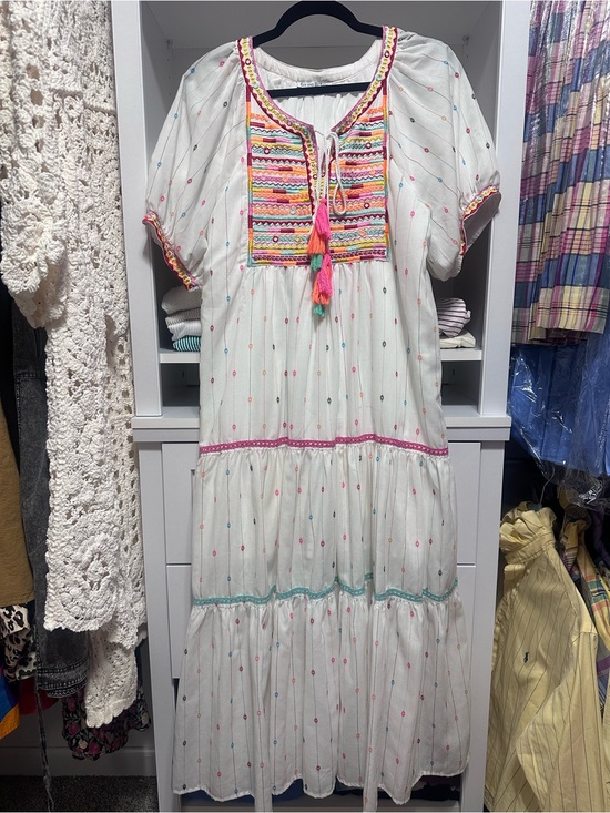 See And Be Seen Dresses & Skirts - White Boho Embroidered Maxi Dress with Multicolor Trim